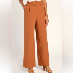 NWOT Lulus Dress It Up Brown Belted High-Waisted Wide Leg Pants